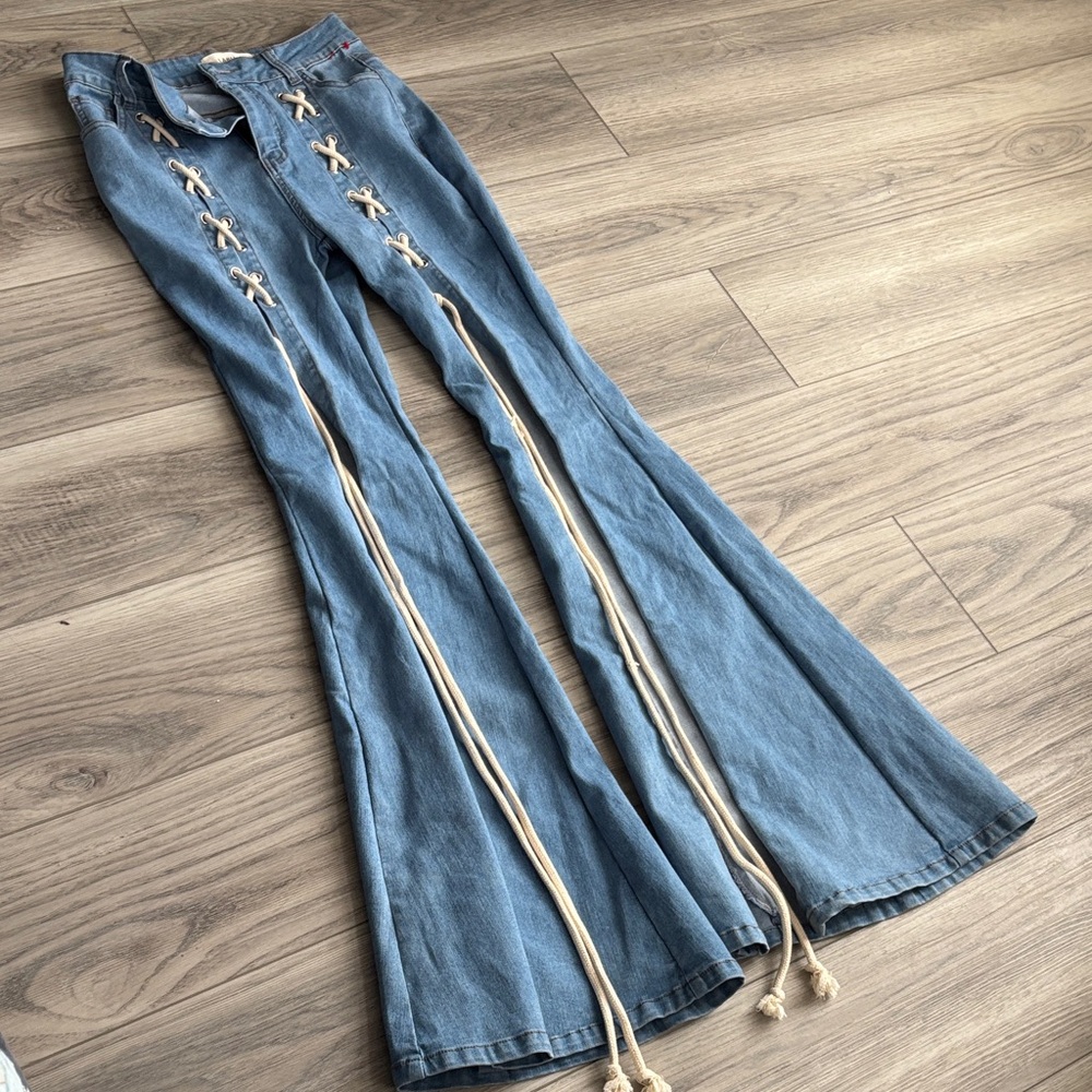 The Coolest Bell Bottom Lace-Up Denim Pants - Picture 2 of 7